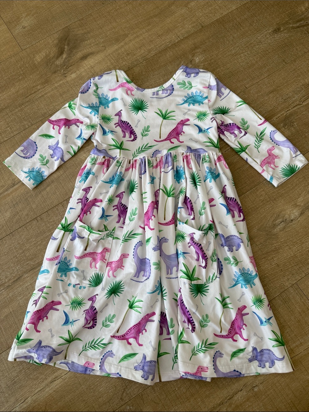 Girls' White Long-Sleeve Dino Print Twirl Dress
